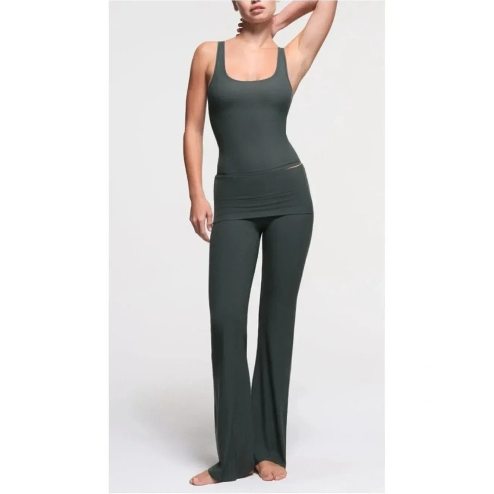 Skims Soft Ribbed Foldover Flare Lounge Cypress Green Modal Blend Wide Leg Sz XL